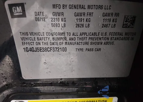 2012 Buick Lacrosse Touring Group из США, поврежденный, VIN 1G4GJ5E38CF372100